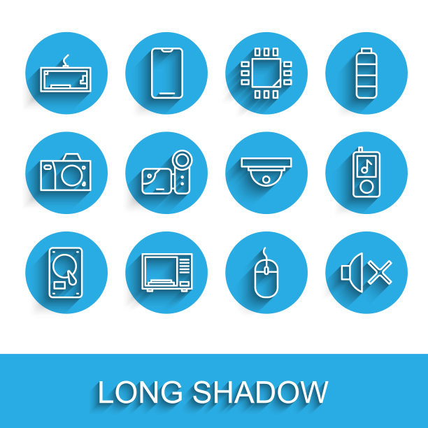 设置线硬盘驱动器HDD，微波炉，键盘，电脑鼠标，扬声器静音，电影摄像机，音乐播放器和运动传感器图标。向量图片下载