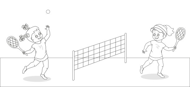 两个可爱的女孩在网球场上打网球。黑色和白色。图片下载