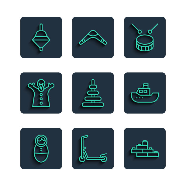 设置线Tumbler娃娃玩具，滑板车，玩具积木砖，鼓鼓棒，金字塔，木偶在手，旋转和船图标。向量图片下载