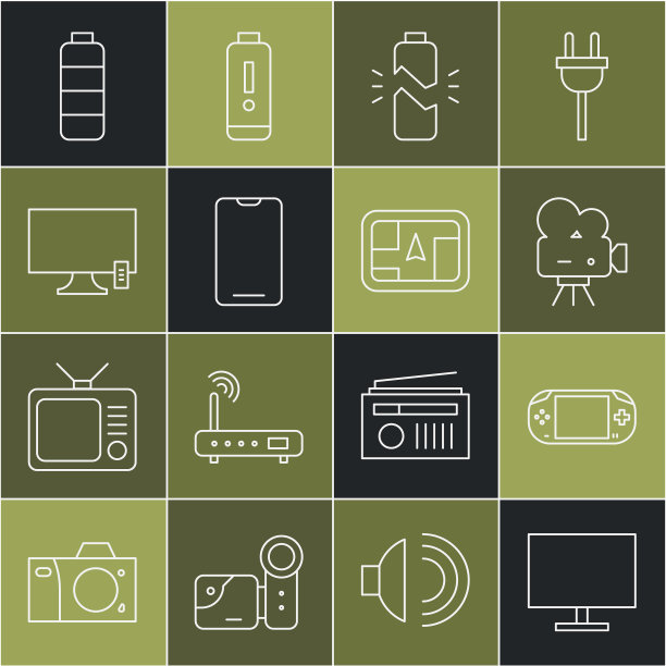 电脑显示器，便携式视频游戏机，复古电影相机，坏电池，智能手机，手机，电视，电池充电水平指示器和Gps设备与地图图标。向量图片下载
