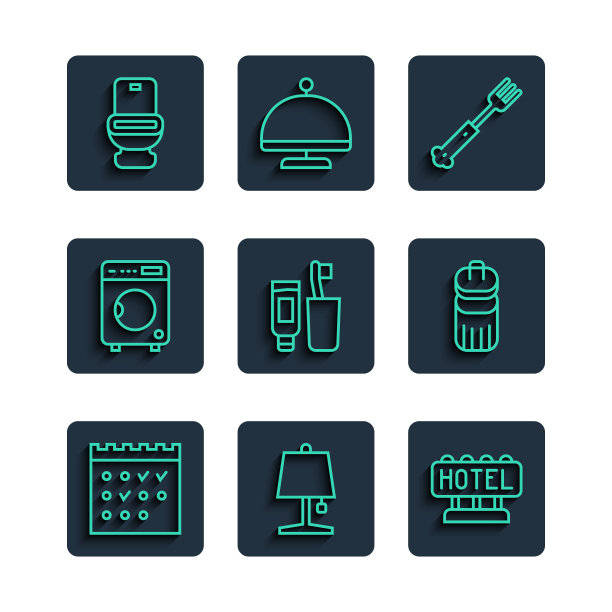集线酒店预订日历，台灯，招牌文字，叉子，牙刷和牙膏，洗衣机，马桶和垃圾桶图标。向量图片下载