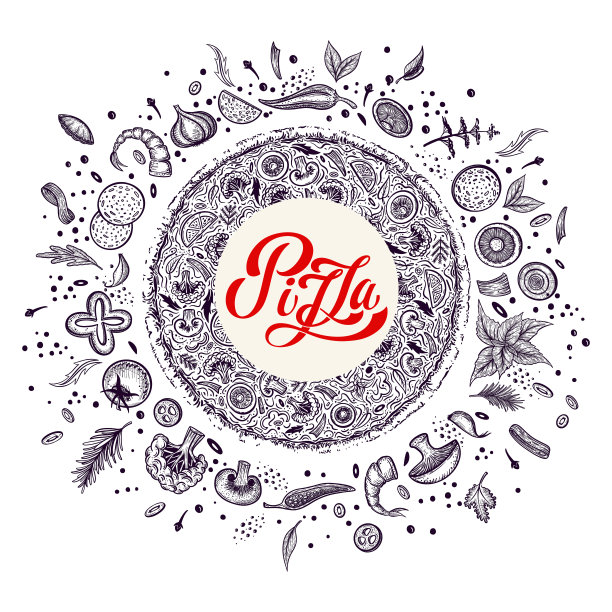 披萨和成分。手绘披萨菜单模板。意大利料理系列产品。块披萨。矢量图图片下载