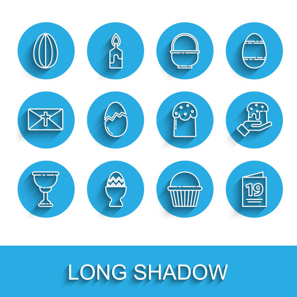 设置线基督教圣杯，复活节彩蛋站，蛋糕，贺卡与快乐，破碎，人的手复活节和图标。向量图片下载