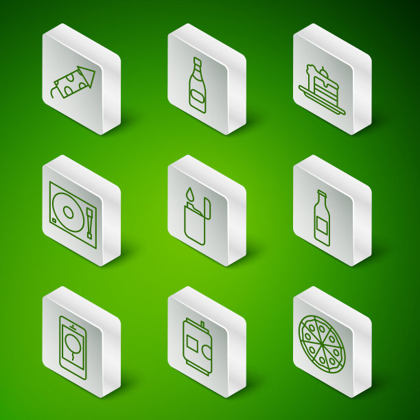 集线披萨，啤酒罐，烟花火箭，打火机，乙烯基播放器与乙烯基磁盘，香槟瓶，移动生日信息和图标。向量图片下载