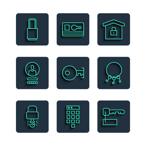 设置线路钥匙打破挂锁内部，密码保护，标记的钥匙，房子下，创建帐户屏幕，锁和串钥匙图标。向量图片下载