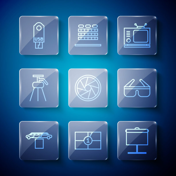 集线豪华轿车和地毯，老电影倒计时框架，投影屏幕，复古电视，相机快门，三脚架，USB闪存驱动器和3D电影眼镜图标。向量图片下载