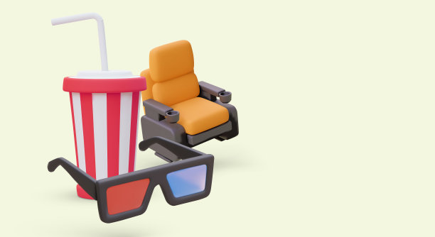电影集。逼真的椅子，浮雕眼镜，带饮料的条纹杯图片下载