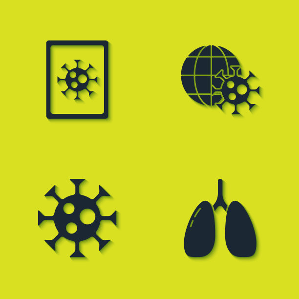 使用病毒图标在监视器、肺部和地球仪上设置病毒统计信息。向量图片下载