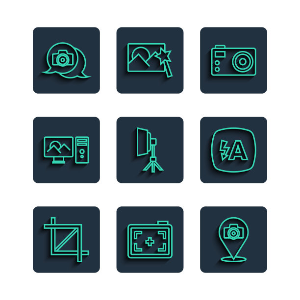 设置线图片裁剪照片，照片相机，软箱灯，修饰，和自动闪光图标。向量图片下载