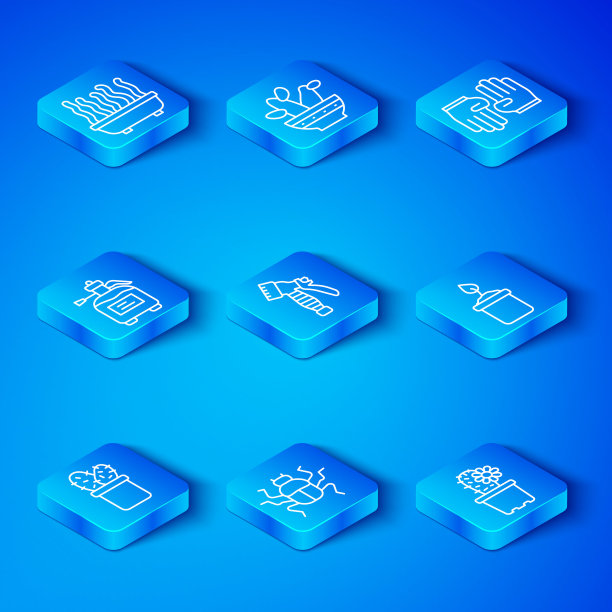 设线仙人掌佩奥特奥特在锅，水喷瓶，甲虫虫，萌芽，橡胶手套，花园喷雾器肥料，植物和图标。向量图片下载