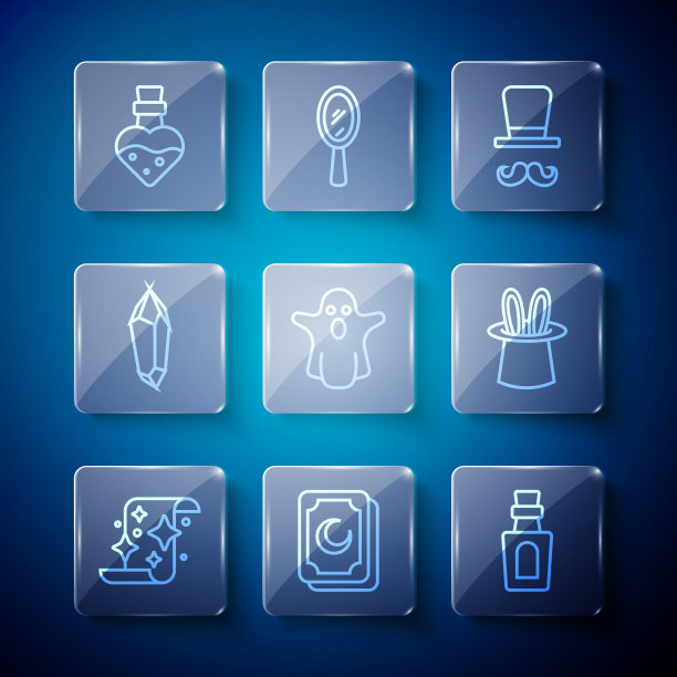 设置线魔术卷轴，塔罗牌，瓶子与药水，魔术师，幽灵，石头，帽子和兔子耳朵图标。向量图片下载