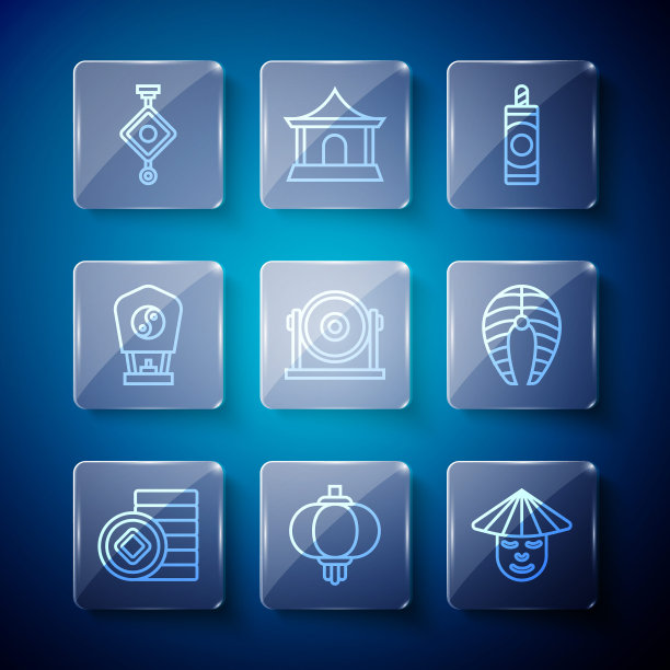 设置线人民币货币，纸灯笼，人，烟花，宫，鱼牛排图标。向量图片下载