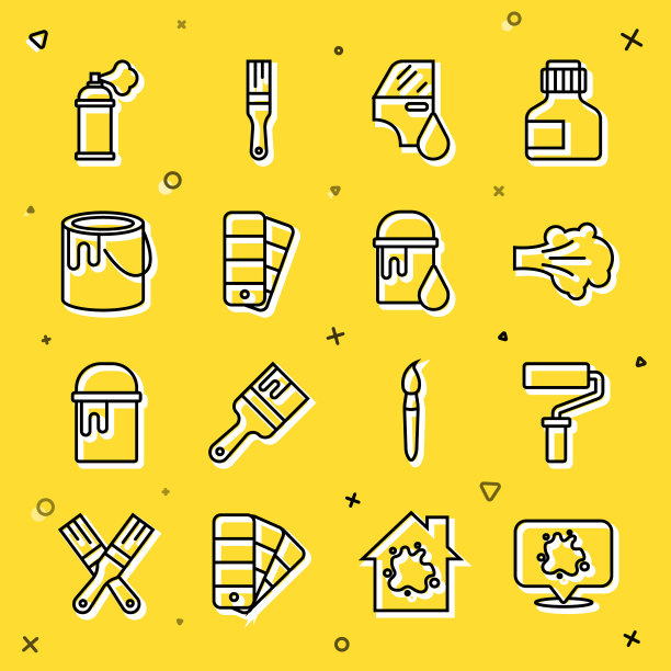 集喷漆，滚筒刷，汽车喷漆，调色板指南，桶，罐和图标。向量图片下载