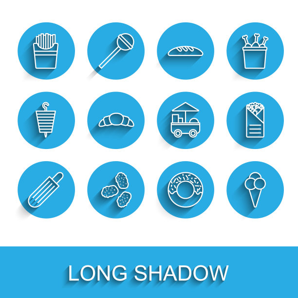 设置线法国热狗，鸡块，土豆薯条盒装，甜甜圈，冰淇淋华夫蛋筒，牛角包，多纳烤肉串和快速街头食品车图标。向量图片下载