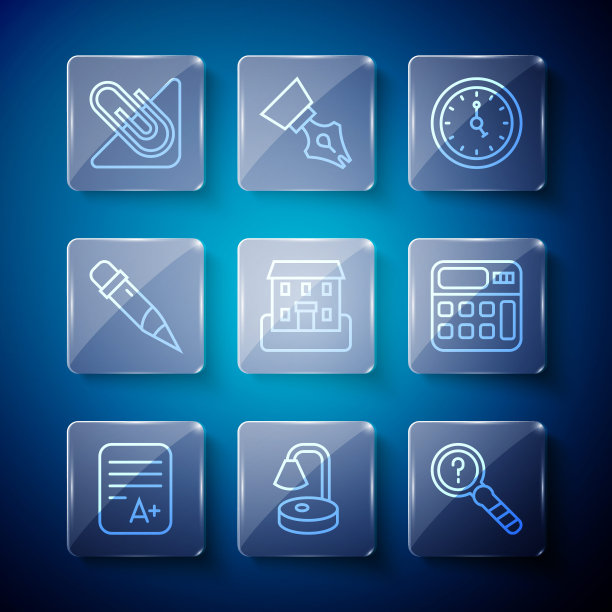 设置线考试表与A +成绩，台灯，未知搜索，时钟，学校建筑，铅笔橡皮擦，回形针和计算器图标。向量图片下载