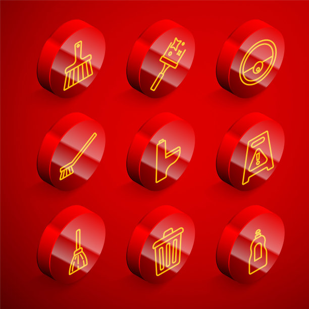 集线处理扫帚，橡胶清洁剂的窗户，机器人真空，刷清洁，马桶，湿地板，和垃圾桶图标。向量图片下载