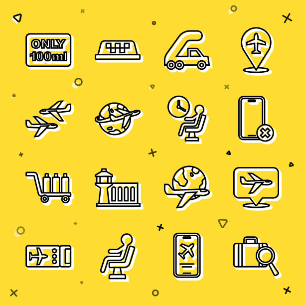 设置线路丢失行李，飞机，无手机，登机乘客梯，环球飞行，液体随身携带和人类等待机场航站楼图标。向量图片下载