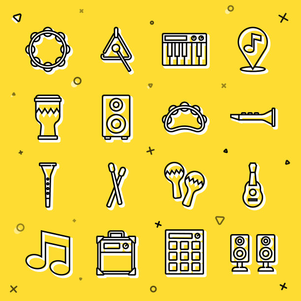 设置线立体声扬声器，吉他，单簧管，音乐合成器，鼓，手鼓和图标。向量图片下载