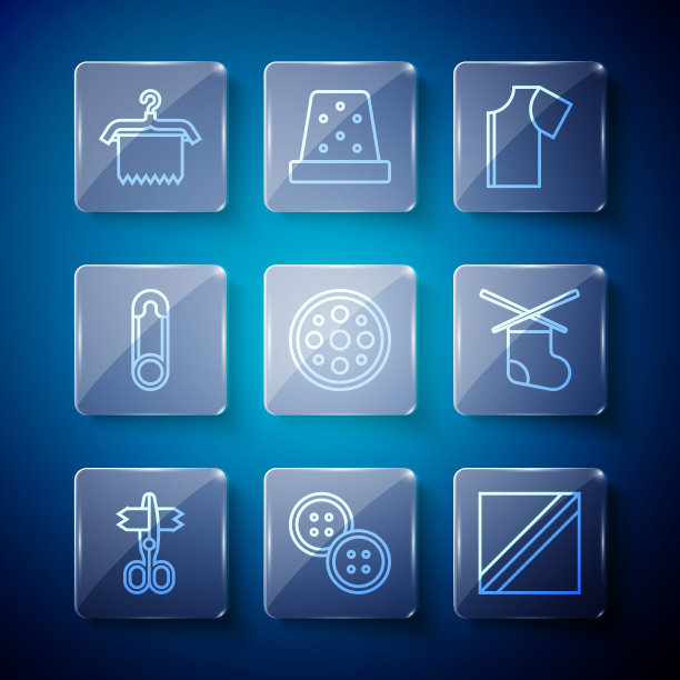 集线剪刀，缝纫按钮，纺织织物卷，图案，安全别针，衣架衣柜和针织针图标。向量图片下载