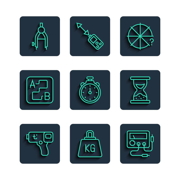 设置线数字温度计，重量，万用表，电压表，圆片，秒表，路线定位，绘制指南针和沙漏与沙图标。向量图片下载