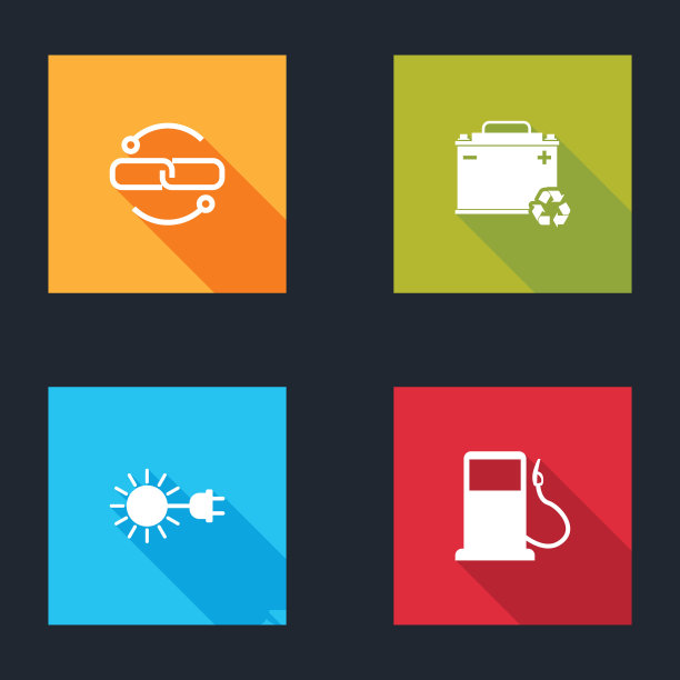 设置链扣线，汽车电池与回收，太阳电源插头和加油站图标。向量图片下载
