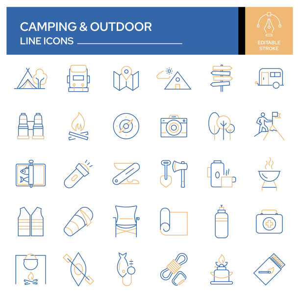 露营和户外相关的线图标的集合。轮廓符号集合，可编辑的描边图片下载