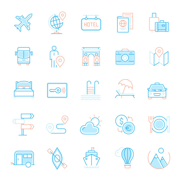 一套旅游和旅游相关的直线图标。简单轮廓符号图标。图片下载