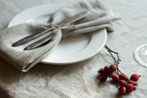 餐桌配有白色餐盘，质朴的餐具，亚麻餐巾和红色的秋天浆果。有选择性的重点图片下载