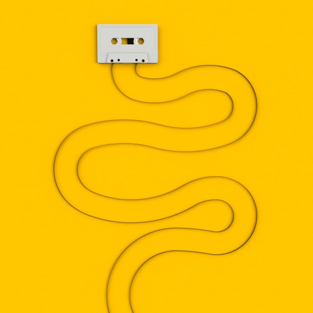 在黄色背景上孤立的老式白色磁带盒式概念插图的特写，带有复制空间的俯视图，3d渲染图片下载