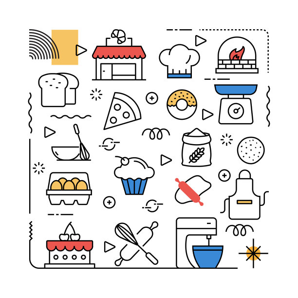 与烘焙相关的设计元素。带有轮廓图标的图案设计。色彩斑斓的矢量图图片下载