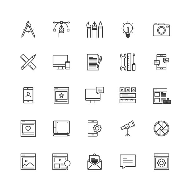 简单的一组网页设计相关的矢量线图标图片下载