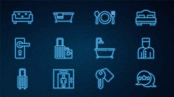 五星评级评论，礼宾服务，餐盘，刀叉，行李箱，门把手，沙发，带淋浴和图标的浴缸。向量图片下载