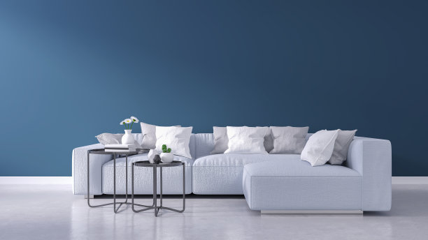 现代客厅室内设计，蓝色墙壁和木地板，春夏别墅概念，3d渲染图片下载