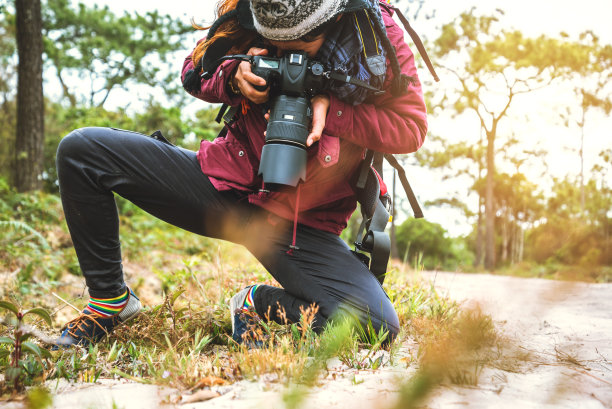 摄影师亚洲女性旅游摄影自然。在森林里的假日散步中旅行放松。假期旅行放松。泰国图片下载