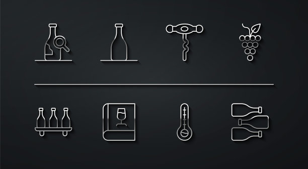 设置线瓶葡萄酒，串葡萄，气象温度计，书约，瓶子和葡萄酒开瓶器图标。向量图片下载