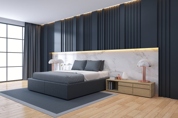 现代豪华黑暗卧室室内设计，3d渲染图片下载