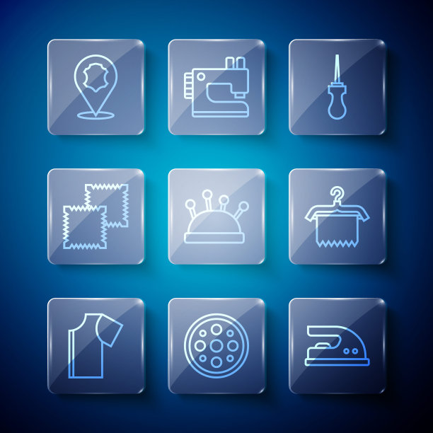 集线缝纫图案，纽扣，电熨斗，锥子工具，针床和针，纺织织物卷，皮革和衣架衣柜图标。向量图片下载