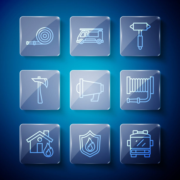 在燃烧的房屋，防护罩，卡车，消防斧，扩音器，软管卷轴和图标中设置火线。向量图片下载