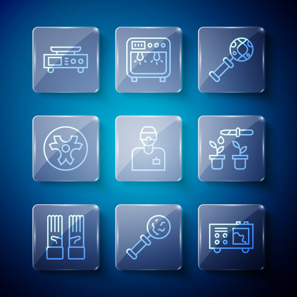 集线医用橡胶手套，微生物放大镜，光谱仪，DNA研究，搜索，实验室助理，生物危害标志，电子秤和移液器和植物图标。向量图片下载