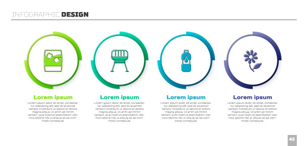 一套威士忌与冰，烧烤架，瓶装水和花。业务信息图表模板。向量图片下载