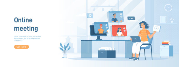 网络研讨会，在线会议，视频通话的虚拟会议。人们在网上交流。平面概念非常适合社交媒体宣传材料。白色背景的网站横幅。图片下载