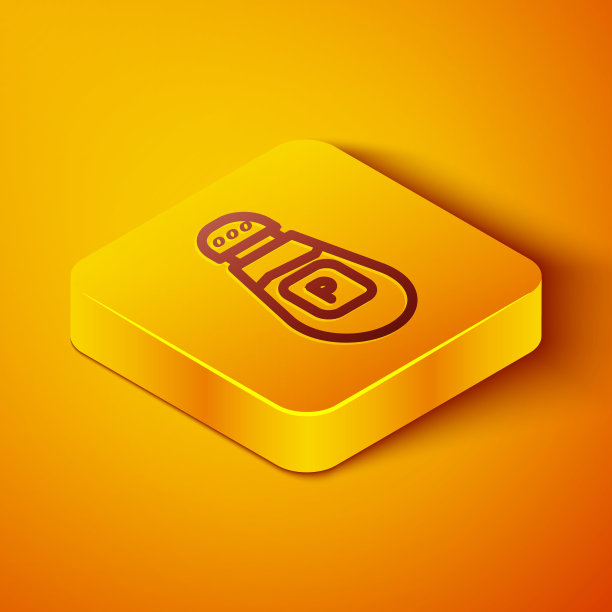 等距线辣椒图标隔离在橙色背景。烹饪的香料。黄色方形按钮。向量图片下载