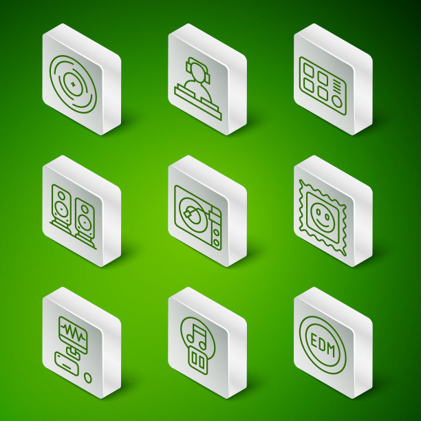 设置线EDM电子舞曲，暂停按钮，黑胶磁盘，播放器与黑胶，立体声扬声器，DJ播放，音乐录音室和LSD酸标记图标。向量图片下载