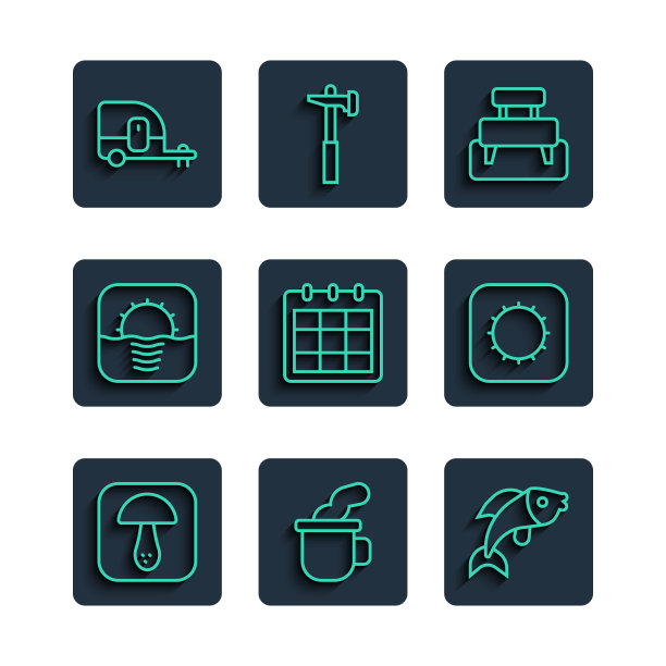 集线蘑菇，一杯茶，鱼，长凳，日历，日出，房车露营拖车和图标。向量图片下载