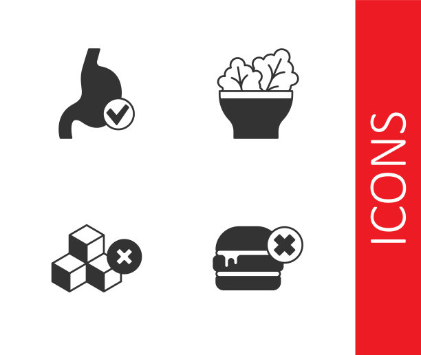 设置无汉堡，人体胃健康，无糖和沙拉在碗图标。向量图片下载