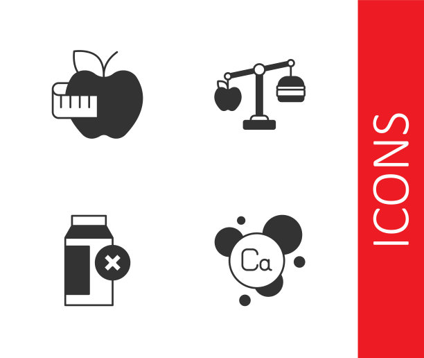 设置钙，苹果和卷尺，乳糖不耐症和卡路里计算器图标。向量图片下载