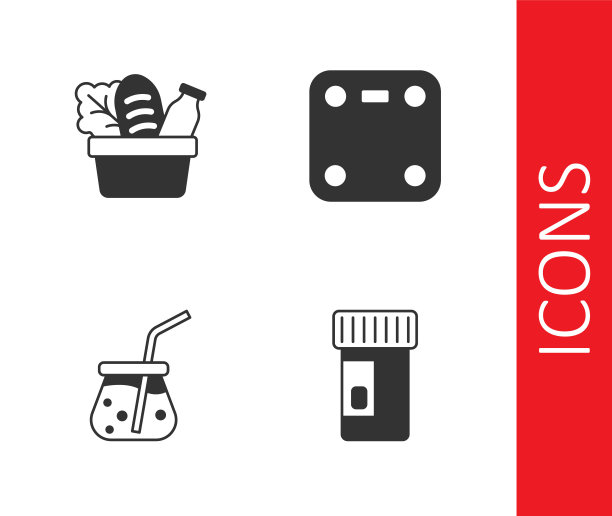 集维生素，购物袋和食物，新鲜的冰沙和浴室秤图标。向量图片下载