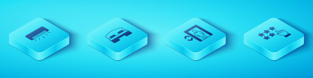 设置等距空调，酒店房间床，星级评级和电梯图标。向量图片下载