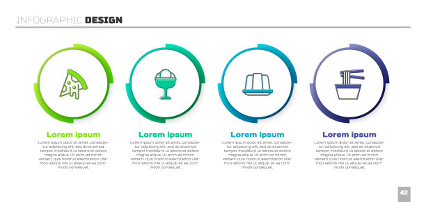 将披萨片，冰淇淋放入碗中，果冻蛋糕和亚洲面条。业务信息图表模板。向量图片下载