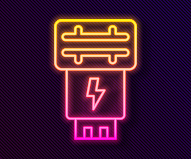 发光的霓虹灯线照片相机闪光灯图标孤立的黑色背景。向量图片下载